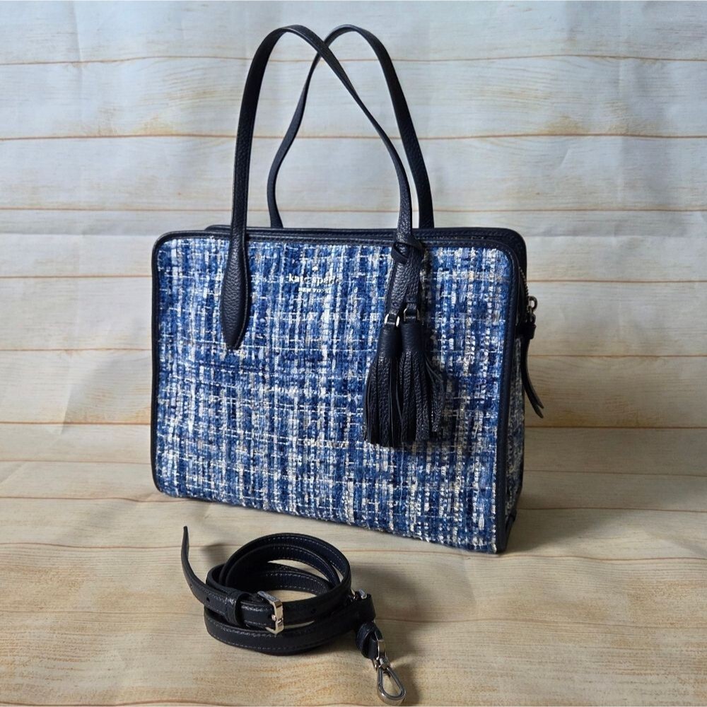Kate Spade Medium Top Zip Satchel Rowe Tweed Crossbody Shoulder Bag Blue Multi